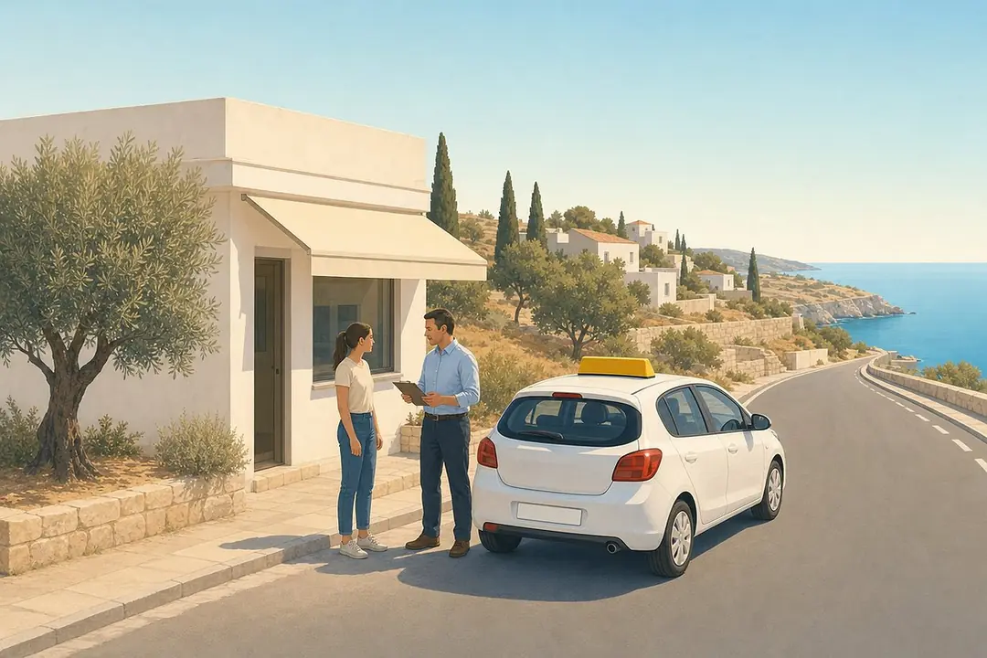 A driving instructor talks with a learner beside a learner car outside a driving school office on the Cyprus coast