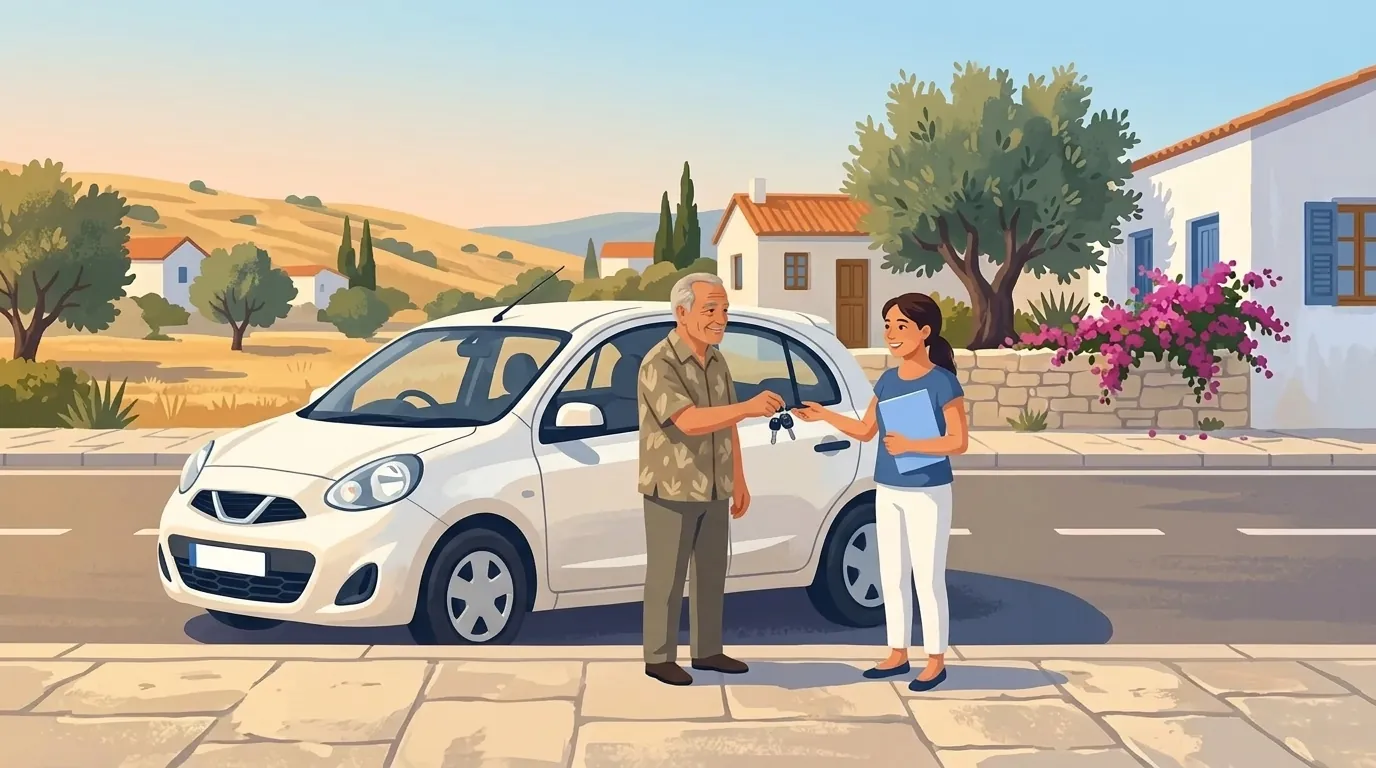 An older man hands the keys of a white used car to a young woman holding a folder, on a village street in Cyprus
