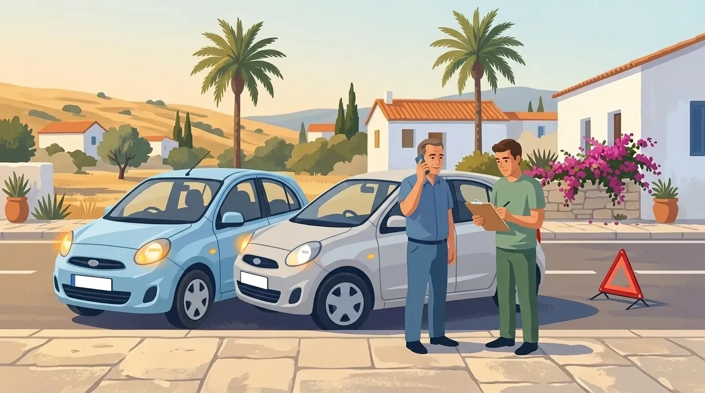 Two cars stopped after a minor collision with a warning triangle behind them, as one driver phones for help and the other fills in a form