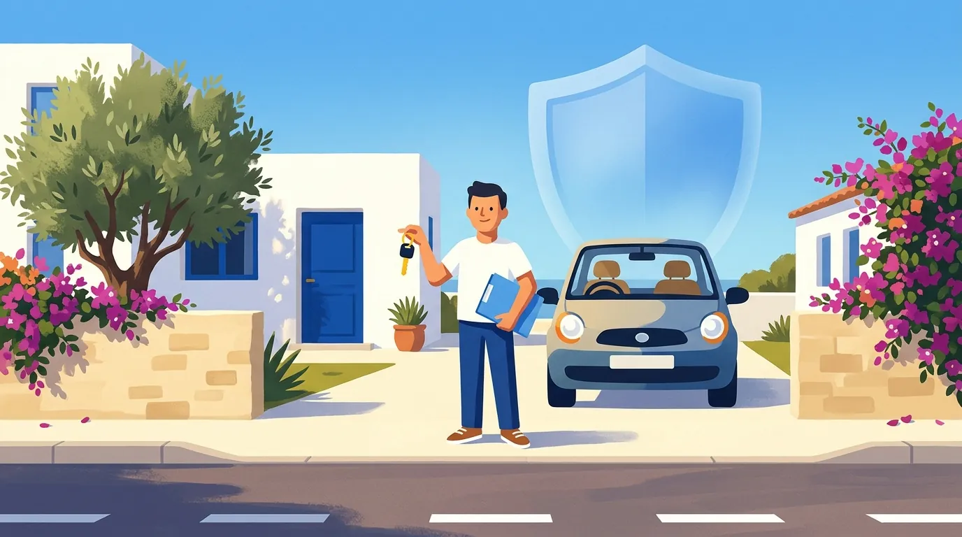 A young driver with car keys and a folder stands beside his small car in front of a white Cyprus house, with a large shield behind them