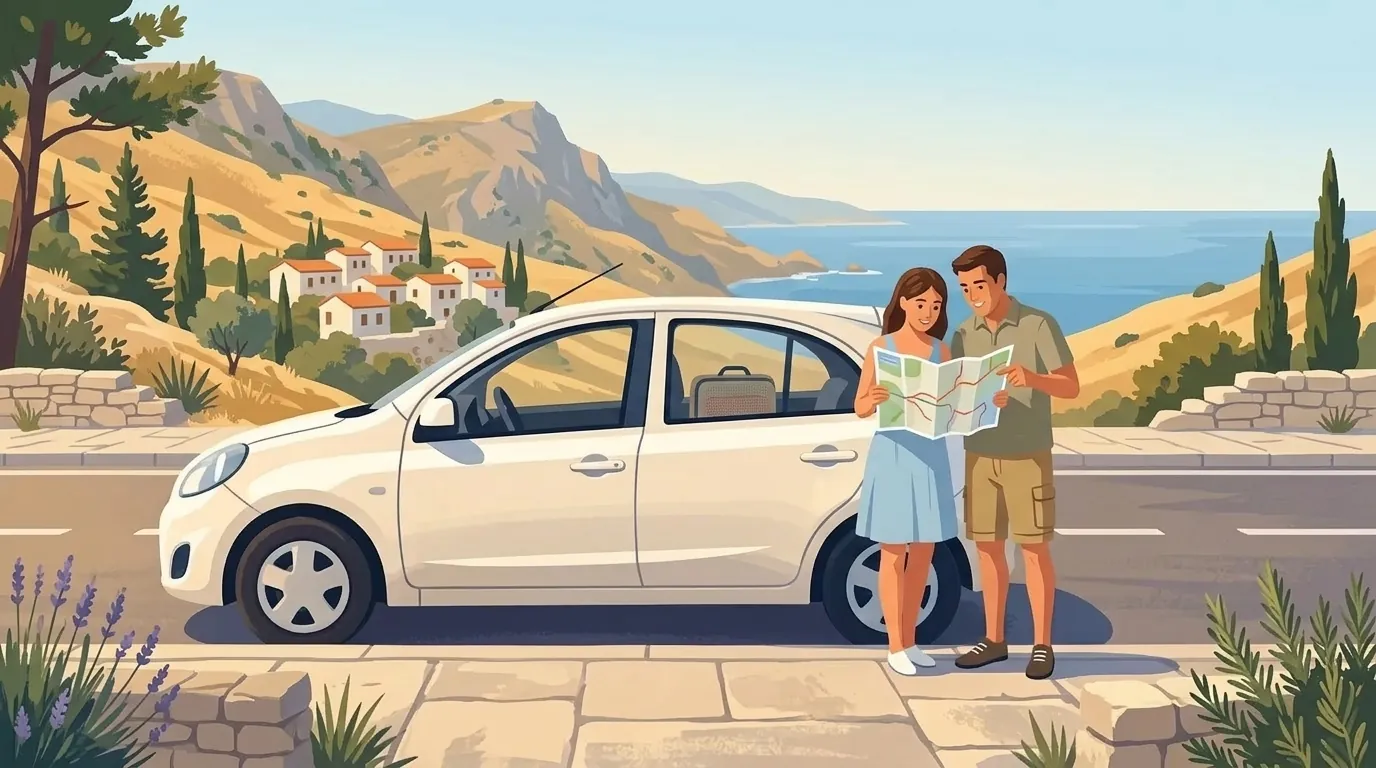 A couple read a paper map beside their white car on a coastal road in Cyprus, with hills and the sea behind