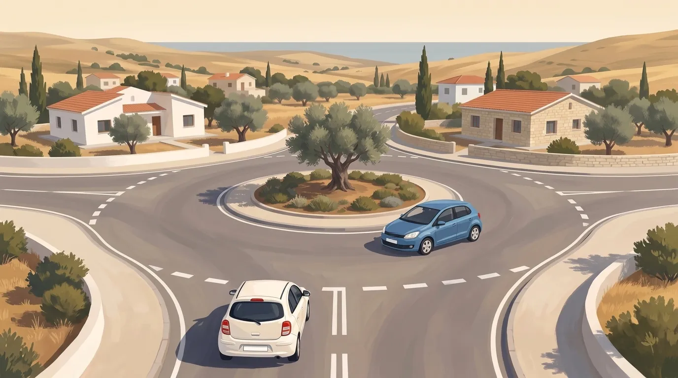 Two cars at a roundabout with an olive tree in the middle, in a Cyprus village