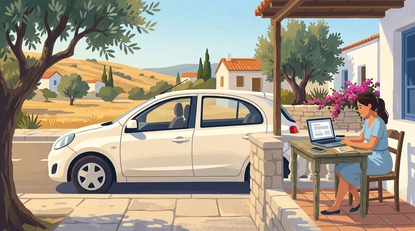 A woman renews her road tax on a laptop on a shaded veranda, with her white car parked beside the house in Cyprus